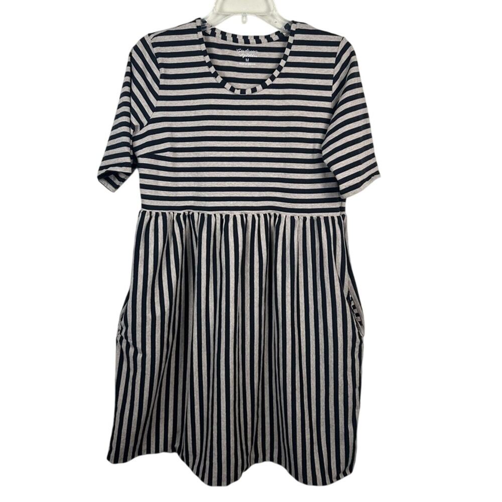 Gudrun Sjoden Striped Cotton Dress Black Tan Short Sleeve Size Medium Scandi EUC